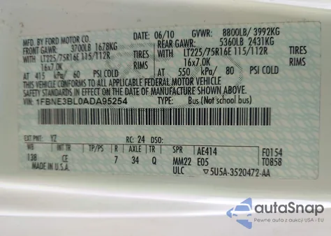 2010 Ford E-350 Super Duty Xl/Xlt из США, поврежденный, VIN 1FBNE3BL0ADA95254